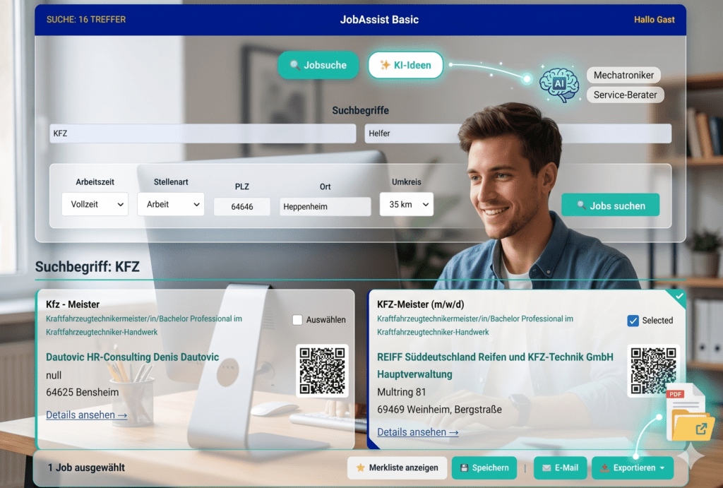 JobAssist Basic intelligente Stellensuche mit KI Unterstützung. Die ideale für Arbeitsvermittler und Arbeitssuchende.