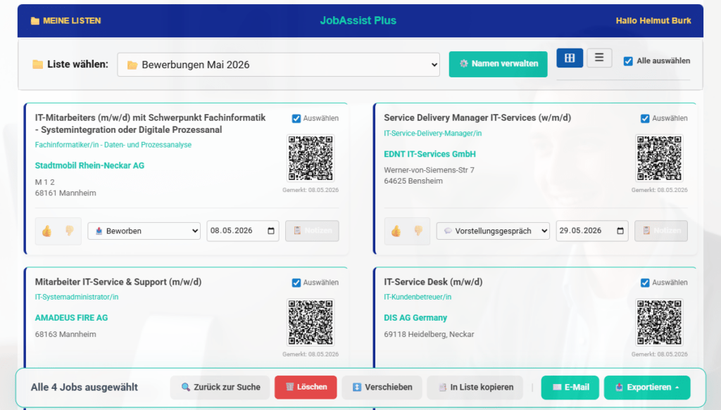 JobAssist Plus mit integriertem Bewerbungsmanagement für Arbeitssuchende.