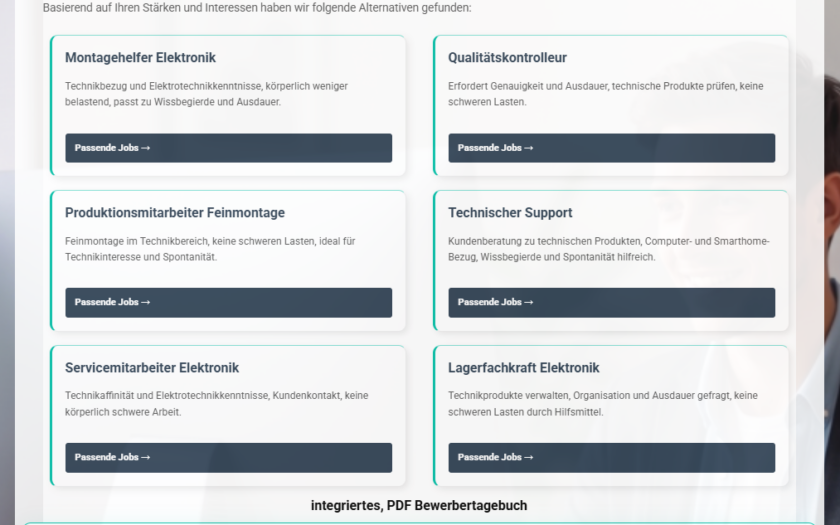 KI-Vorschläge für breitgefächerte Berufsfelder / Arbeitsbereiche basierend auf Ihren Stärken.